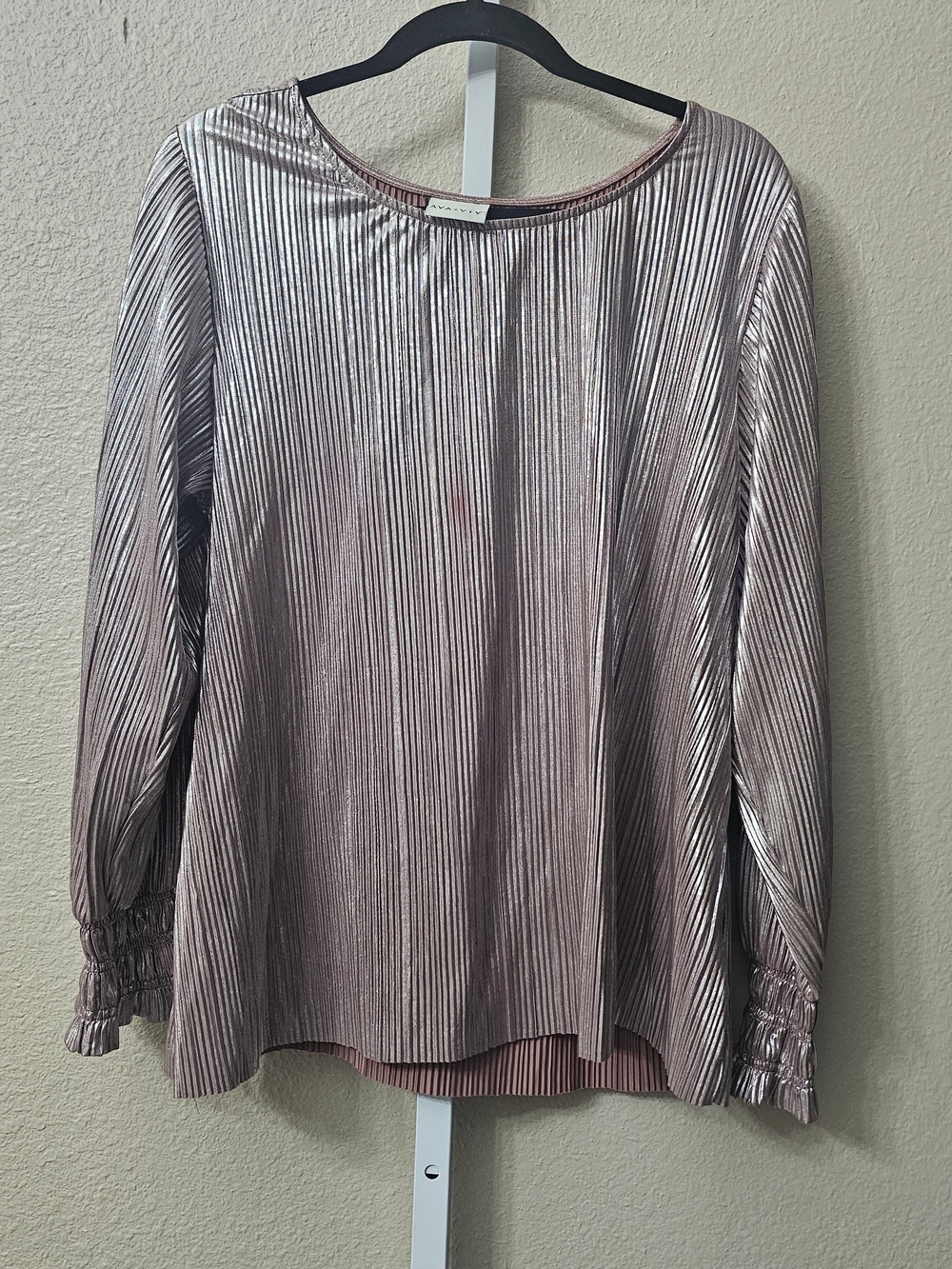 Ava & Viv metallic rose gold pleated long-sleeve top featuring a shimmer finish